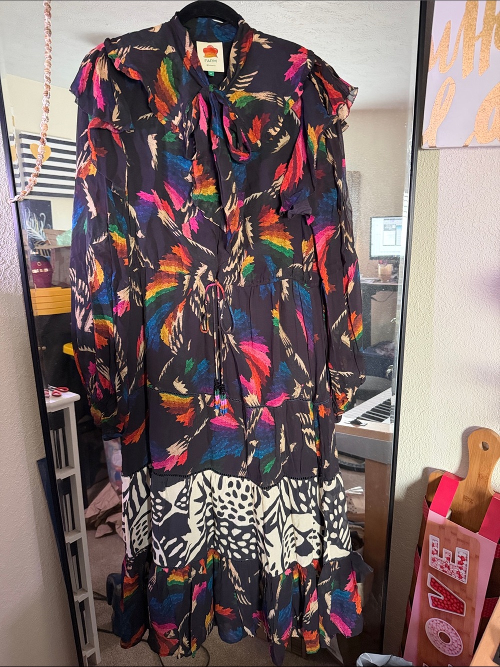 FARM Rio Black Floral-Print Tie-Neck Maxi Dress with Colorful Accents